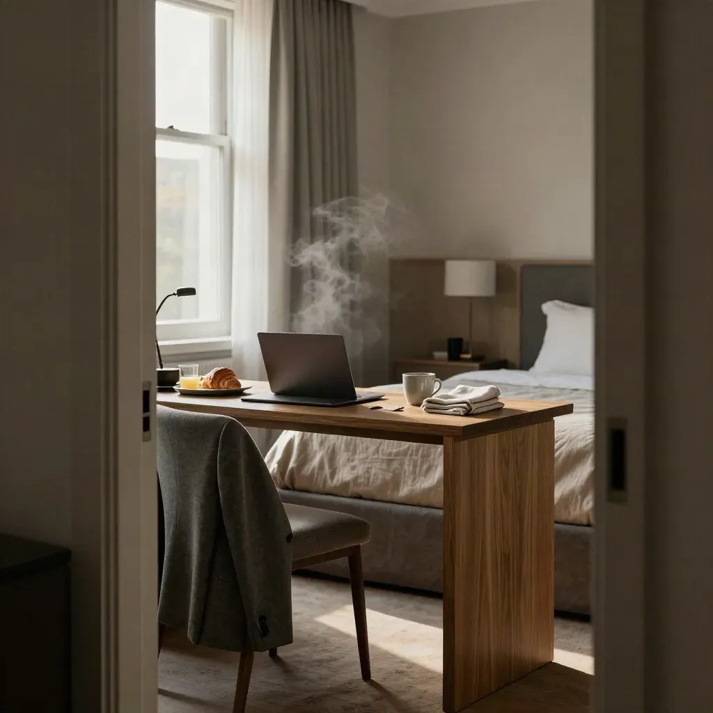 Suite arrival scene with laptop, breakfast tray, blazer on chair, and soft morning window light.