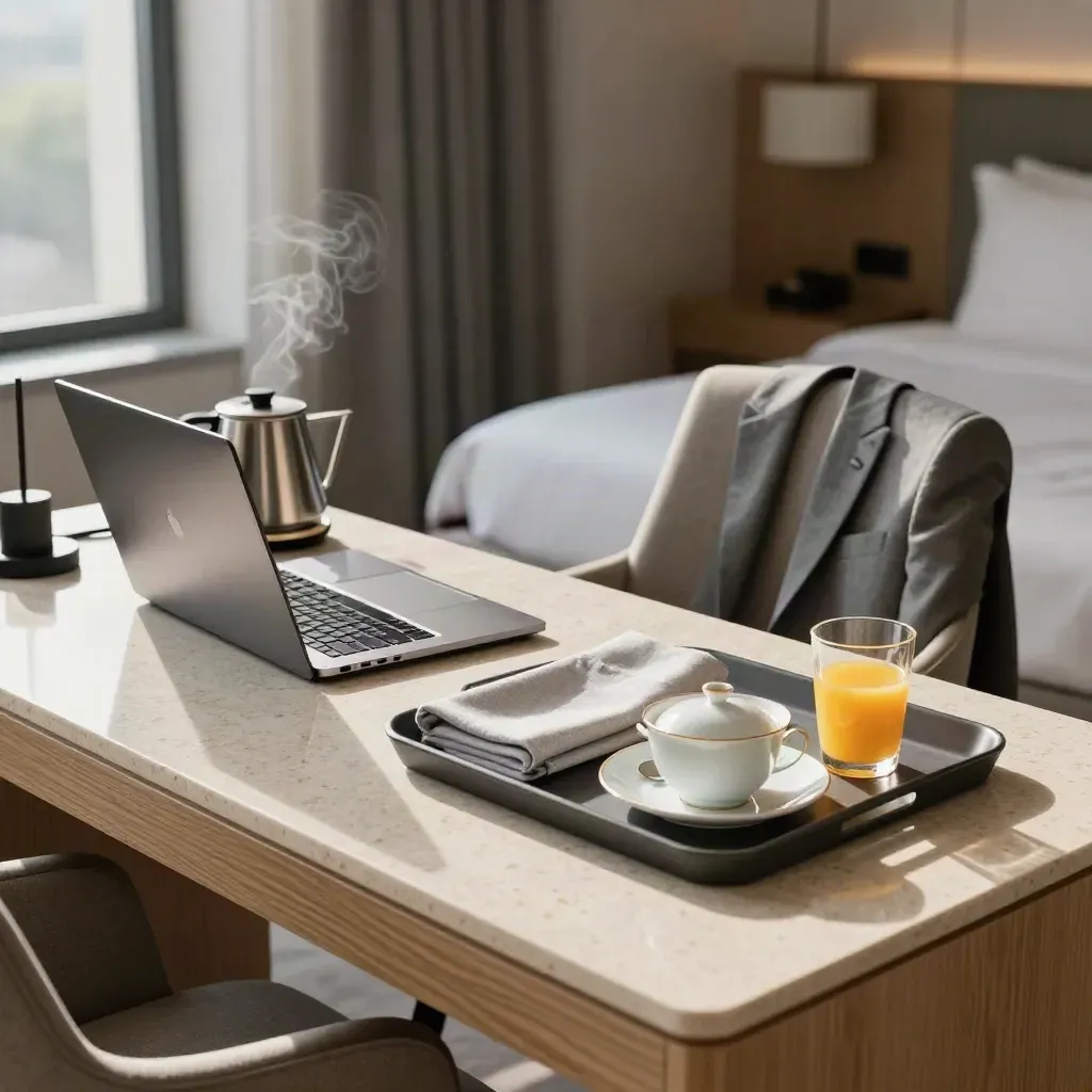 Luxury suite desk with breakfast tray, closed laptop, blazer, and soft morning light