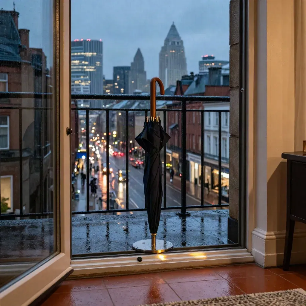 Rainy Manchester balcony threshold with umbrella stand, wet paving and tram lights at blue hour.