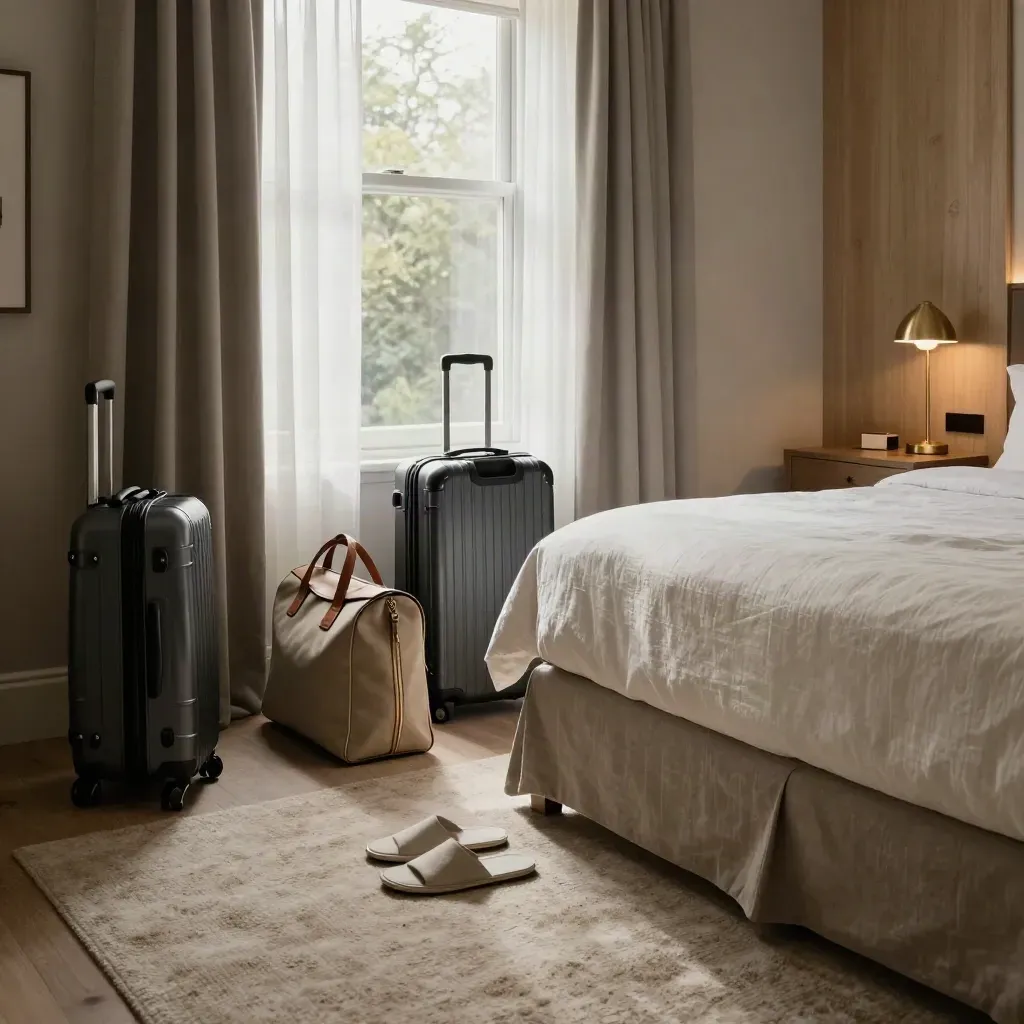 Luxury suite with packed weekend bags, slippers and sunlit curtains in warm morning light