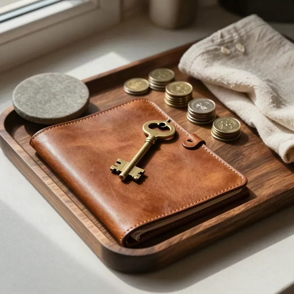 Leather quote folder, brass key, coin stacks and stone coaster on walnut tray in soft window light.