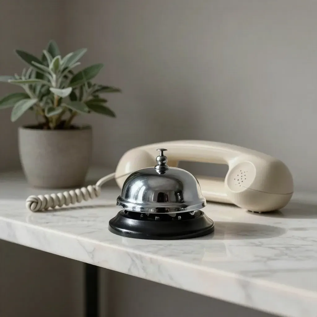 Polished desk bell, cream handset, plant and ceramic dish on a marble shelf.