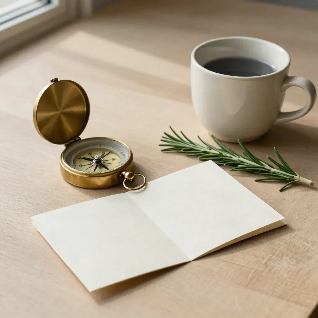 Brass compass, folded guide card, ceramic cup and rosemary on pale wood.